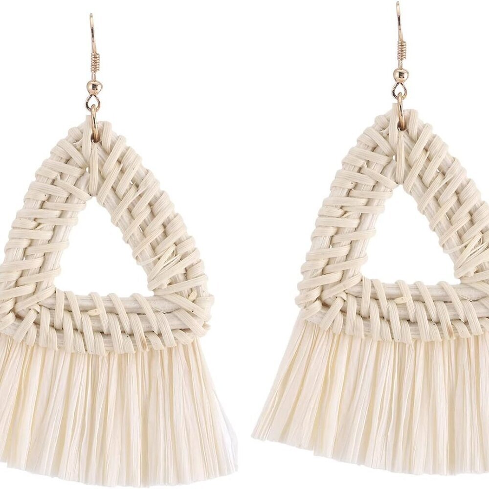 Ladies Handmade Rattan Earrings - Tassel Straw Wicker Bohemian Geometry Circle P
